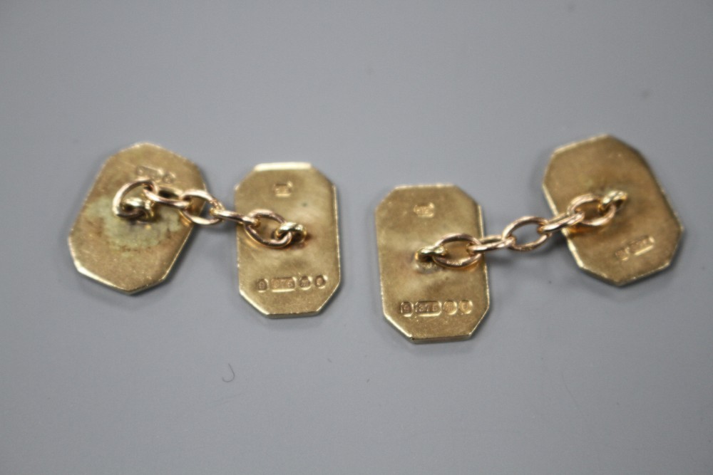 A pair of 1960s 9ct gold and enamel masonic cufflinks, with engraved monograms, 16mm, gross weight 8.6 grams.